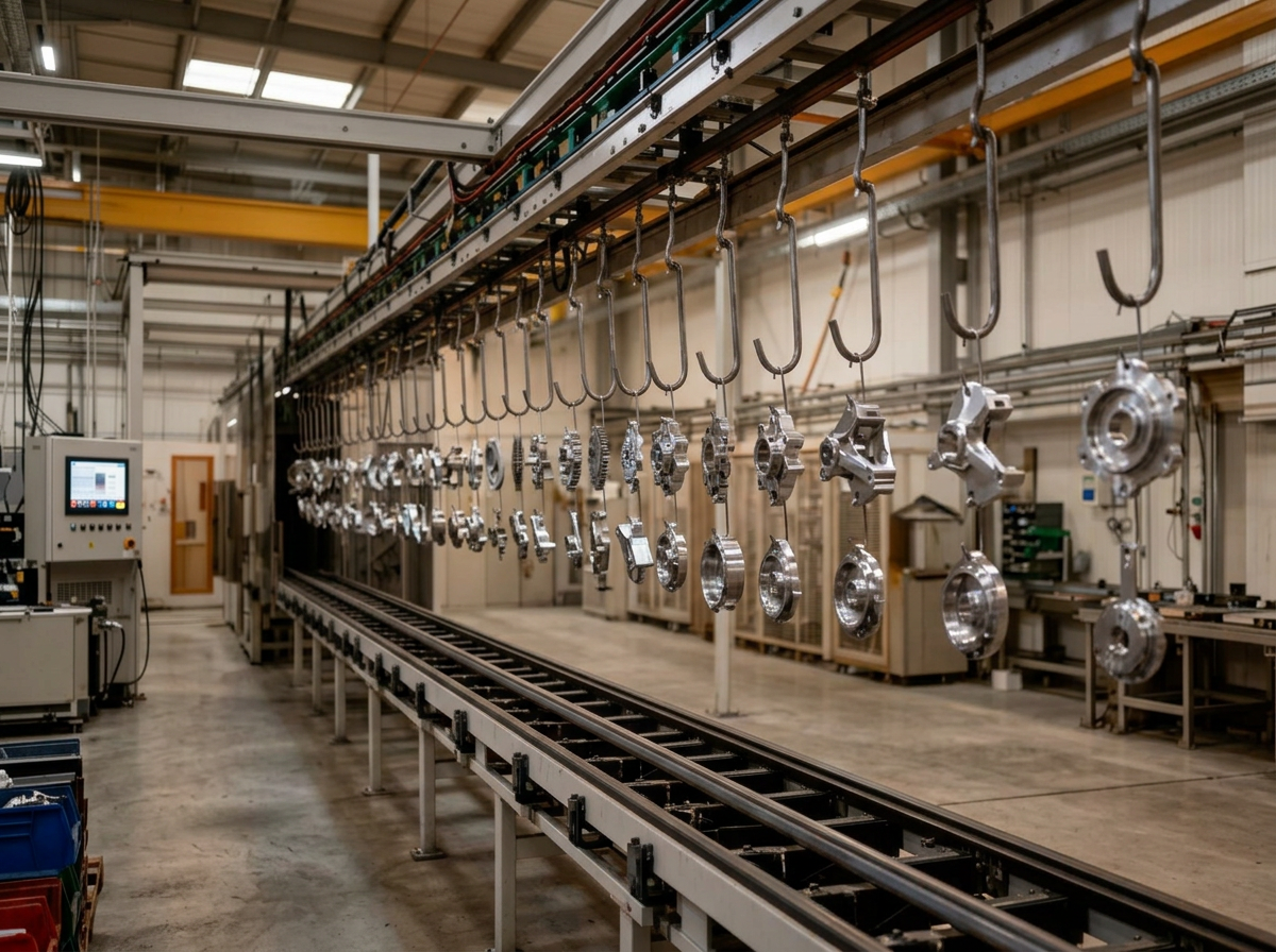 Beschichtungsanlage mit aufgehängten Metallbauteilen